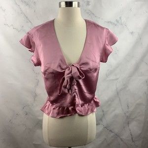 Abercrombie & Fitch top sz S Pink Satin Blouse button V-neck ruffle retro 50s